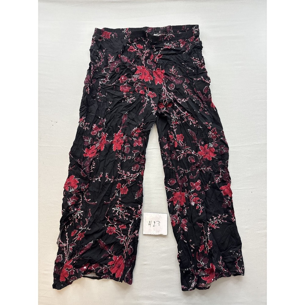 Truth + Style Womens Black Red Floral Crinkle Wide Leg Pants Size L Bohemian